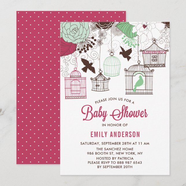 Rustic Red & Grönt Bird Cages Blommigt Baby Shower Inbjudningar (Fram/baksida)