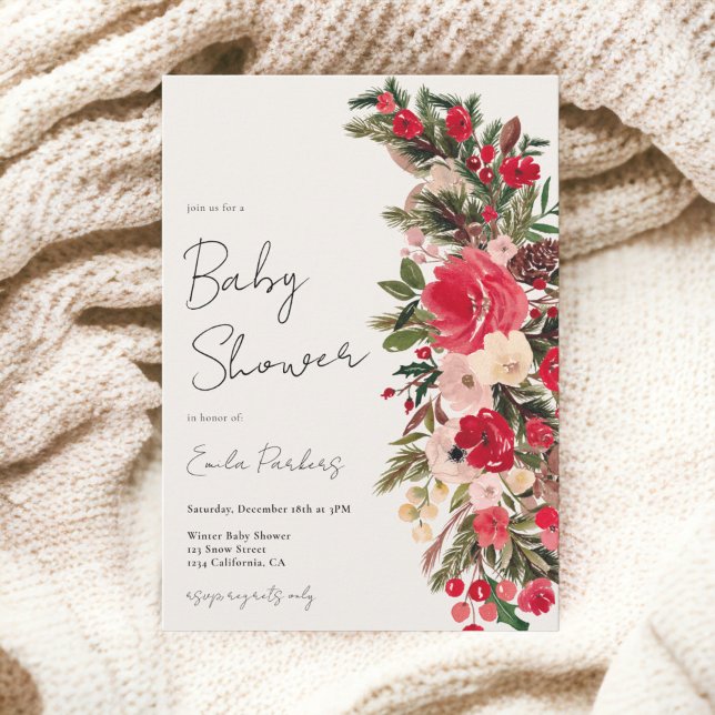 Rustic Red grönt Blommigt  Vinter babydusch Inbjudningar (Rustic Red green Floral Winter baby shower Invitation)