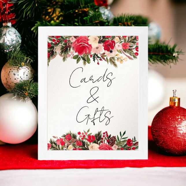 Rustic Red grönt Blommigt Winter Chic Bröllop Poster (Rustic Red green Floral Winter Chic Wedding sign)