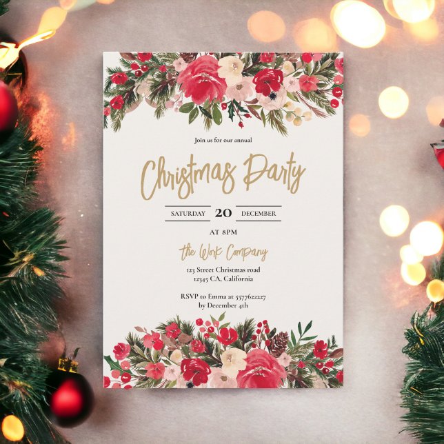 Rustic Red grönt Blommigt Winter Corporate-jul Inbjudningar (Rustic Red green Floral Winter Corporate Christmas Invitation)