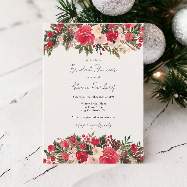Rustic Red grönt Blommigt Winter Möhippa Inbjudningar (Rustic Red green Floral Winter Bridal shower Invitation)