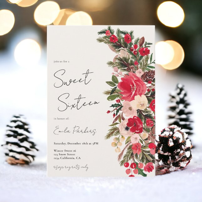 Rustic Red grönt Blommigt Winter Sweet 16 Inbjudningar (Rustic Red green Floral Winter Sweet 16 Invitation)