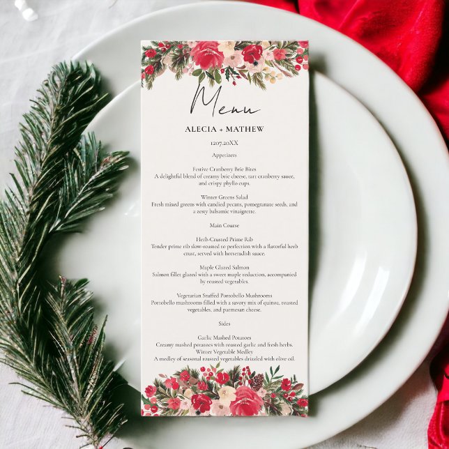 Rustic Red grönt Blommigt Winter Wedding Meny (Rustic Red green Floral Winter Wedding Menu)
