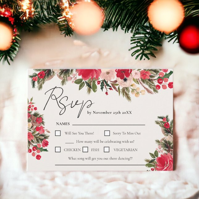 Rustic Red grönt Blommigt Winter Wedding OSA Kort (Rustic Red green Floral Winter Wedding RSVP Card)
