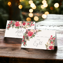 Rustic Red grönt Blommigt Winter Wedding Placeringskort