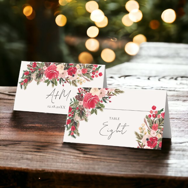 Rustic Red grönt Blommigt Winter Wedding Placeringskort (Rustic Red green Floral Winter Wedding Place Card)