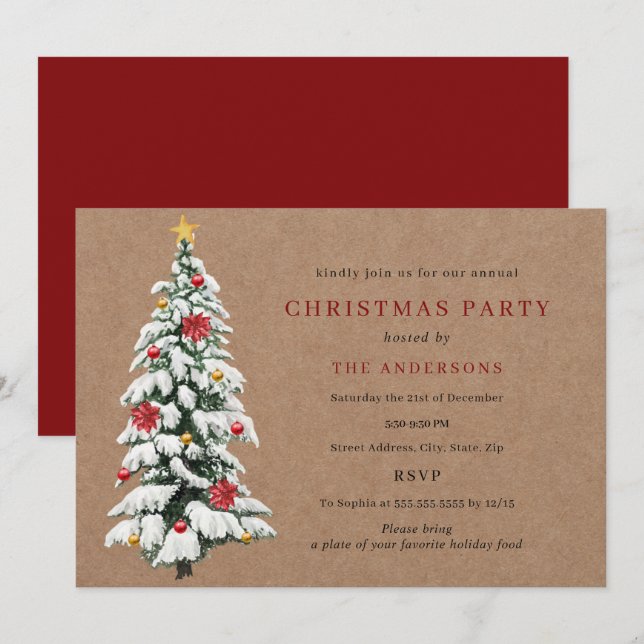Rustic Red Grönt Traditional Träd jul Party Inbjudningar (Fram/baksida)