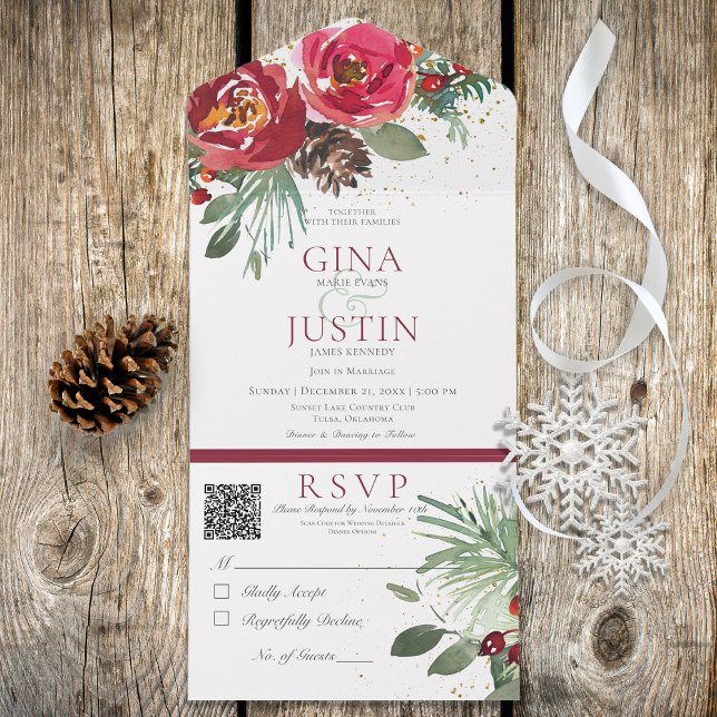 Rustic Red & Grönt Winter Gräs Blommigt QR-kod (Also available without a QR code.)