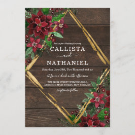 Rustic Red Guld Poinsettia Blommigt Wood Bröllop Inbjudningar