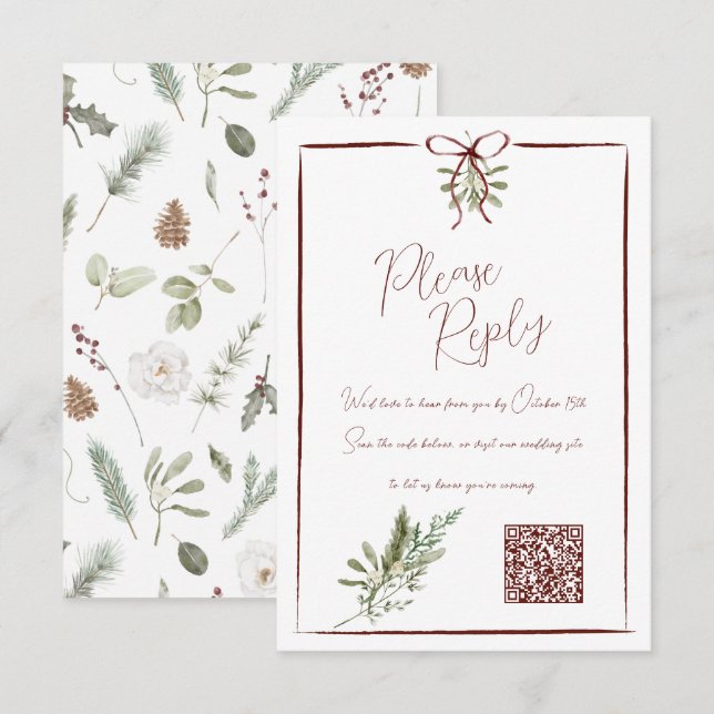 Rustic Red Hand Lettered Winter Wedding QR OSA Kort (Fram/baksida)