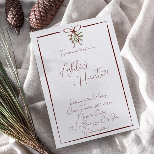 Rustic Red Hand plockade Bow Winter Wedding Inbjudningar (Easily personalize this sweet winter wedding invite for the romantic day of your dreams)