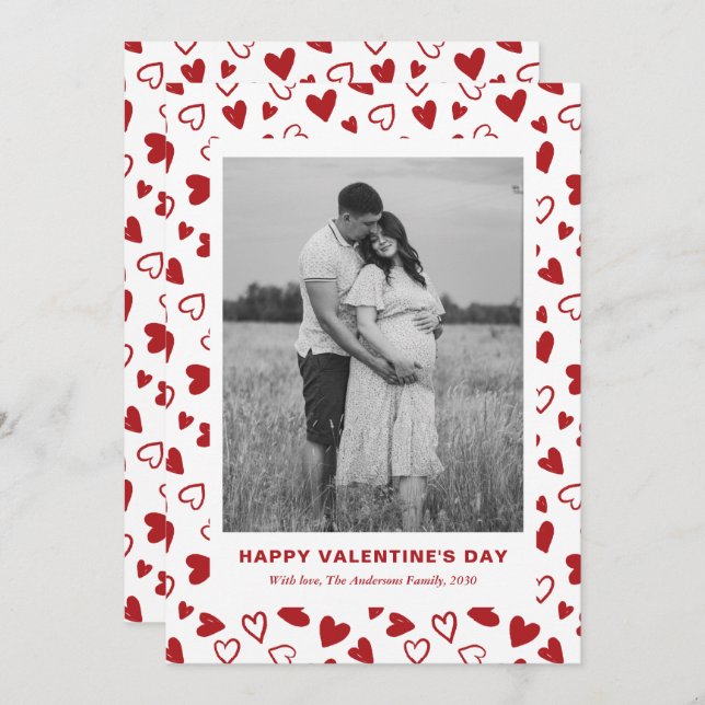 Rustic Red Hearts Pattern One Photo Valentines Day Julkort (Fram/baksida)
