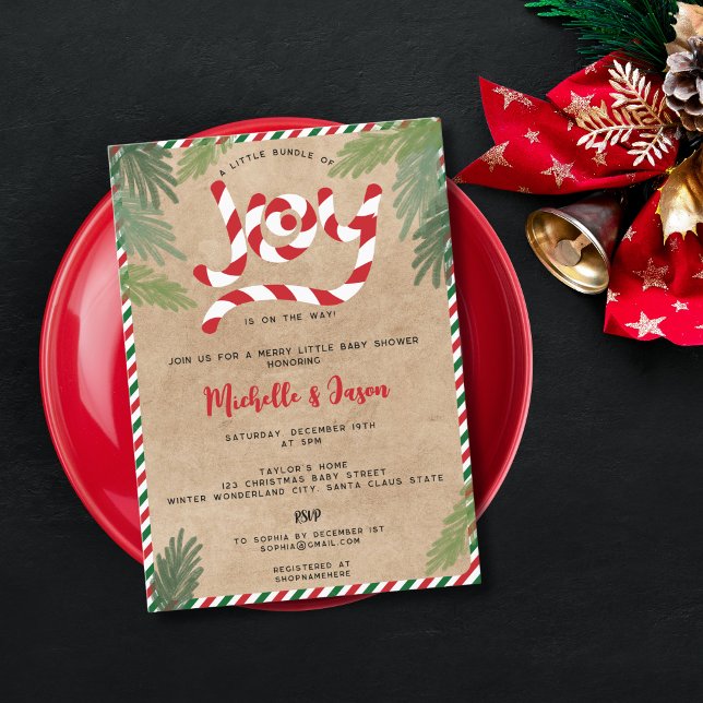 Rustic Red jul Joy Baby Shower Candy cane Joy Baby Inbjudningar (Skapare uppladdad)