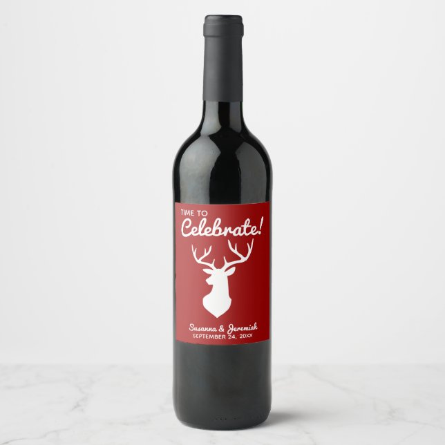 Rustic Red Land Buck Hjort Silhouette Bröllop Vinflaska Etikett (Framsida)