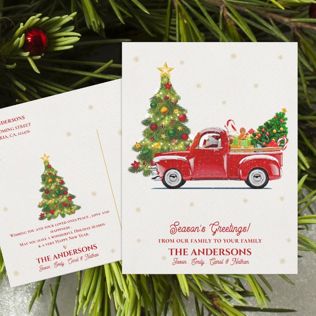 Rustic Red Lastbil Julgran Season Hälsning Vykort (Rustic Red Truck Christmas Tree Season’s Greetings Postcard)