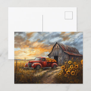 Rustic Red Lastbil med pumpor och solblommor Vykort