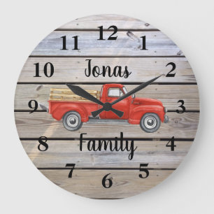 Rustic Red Lastbil Wood Family Namn Stor Klocka