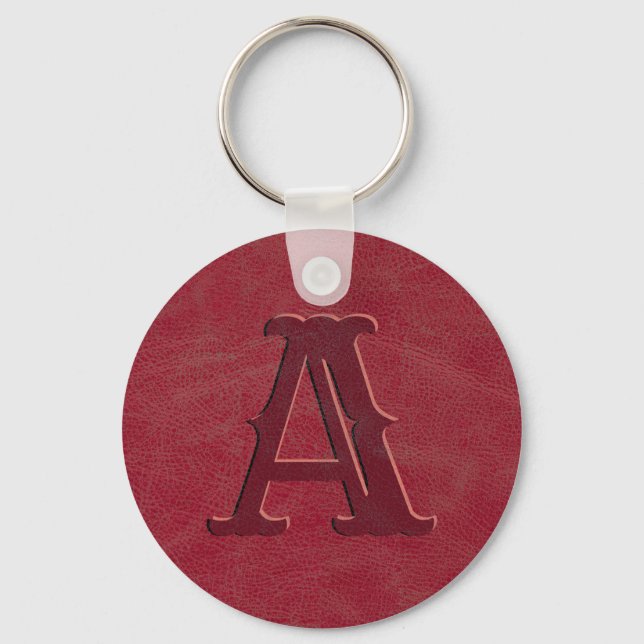 Rustic Red Leather Struktur Monogram Initial Nyckelring (Framsida)