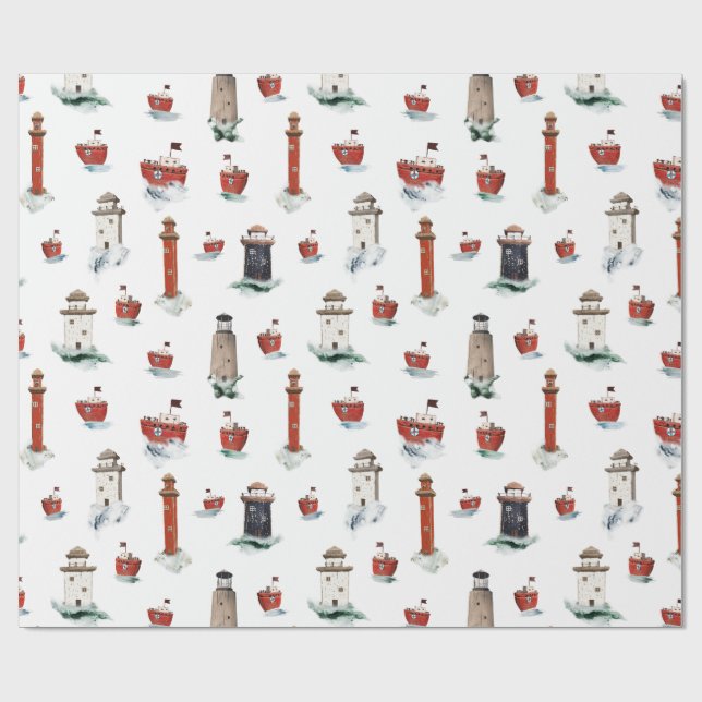 Rustic Red Lighthouses Boats in Stormy Seas 3 Presentpapper (Platt)