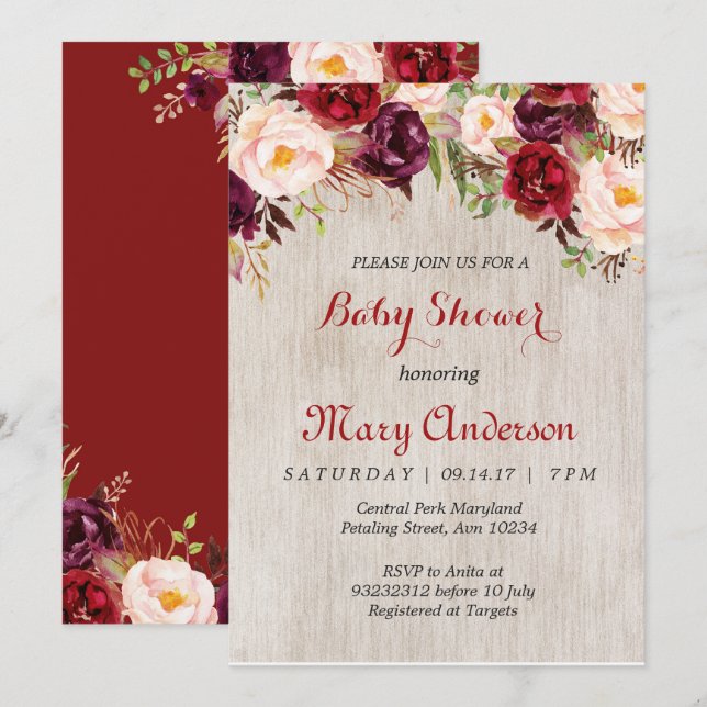 Rustic Red Marsala Baby Shower-inbjudan Inbjudningar (Fram/baksida)