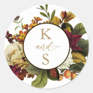 Rustic Red Orange Blommigt Bouquet Bröllop Monogr Runt Klistermärke