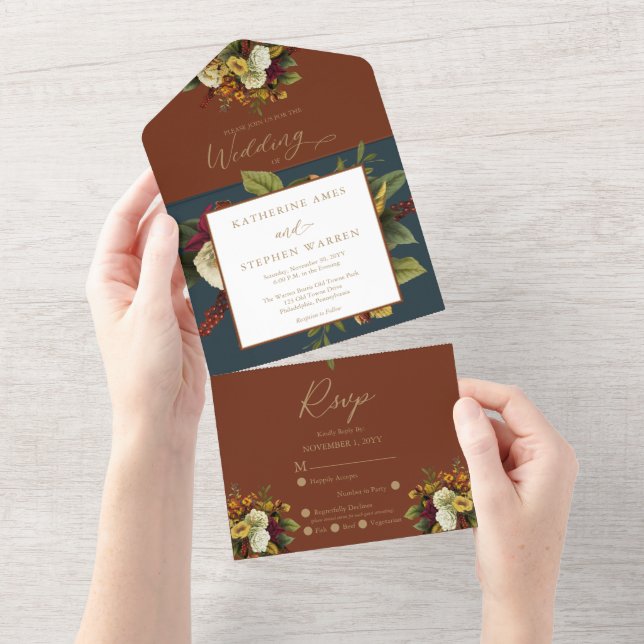 Rustic Red | Orange Blommigt Bouquet Teal Bröllop (Avrivbar del)