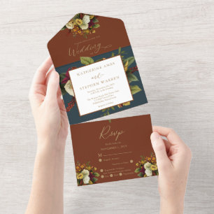 Rustic Red Orange Blommigt Bouquet Teal Bröllop