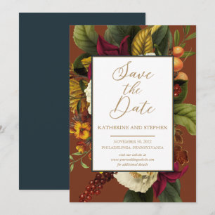 Rustic Red Orange Blommigt Bouquet Teal Spara Datumet