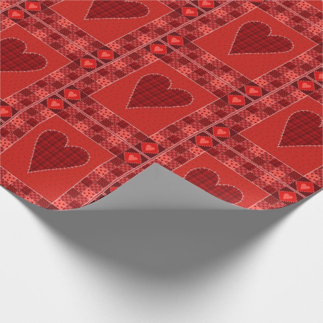 Rustic Red Patchwork Heart Quilt Presentpapper (Hörn)