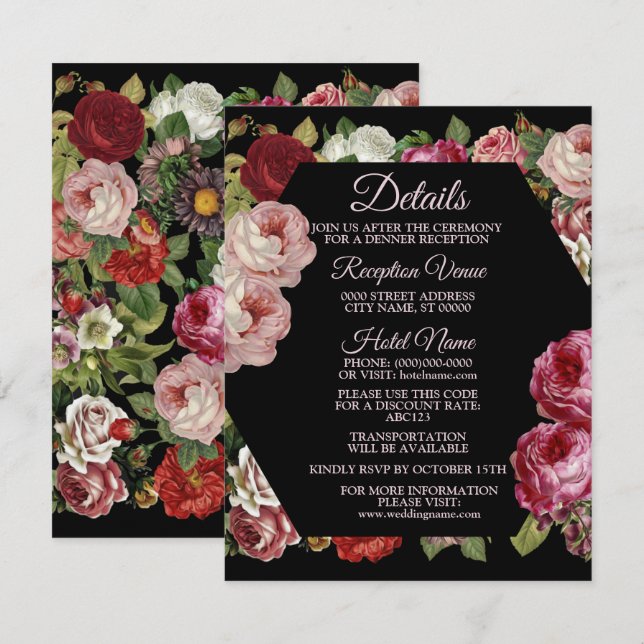 Rustic Red Pink Floral Greenery Black Detail Tilläggskort (Fram/baksida)