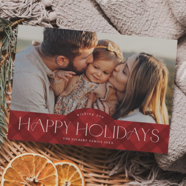 Rustic Red Plaid 2 Foto Glad Julkort (Rustic red plaid 3 photo holiday card.)