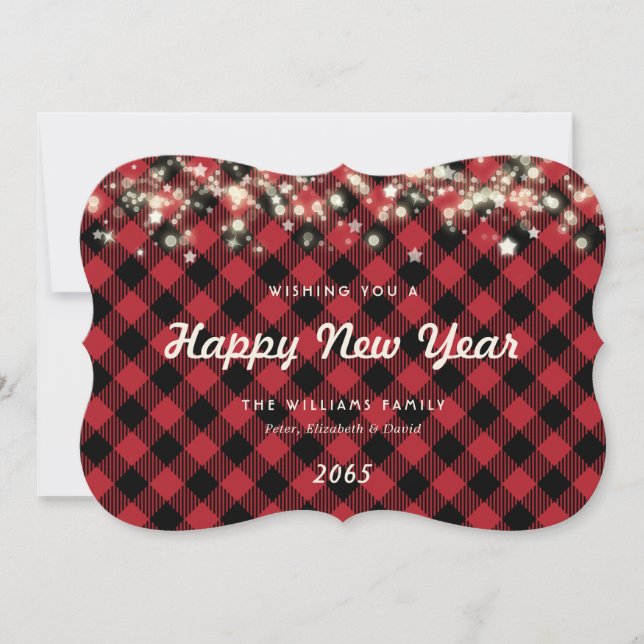 Rustic Red Plaid Lights Stars New Year Card Julkort (Framsida)