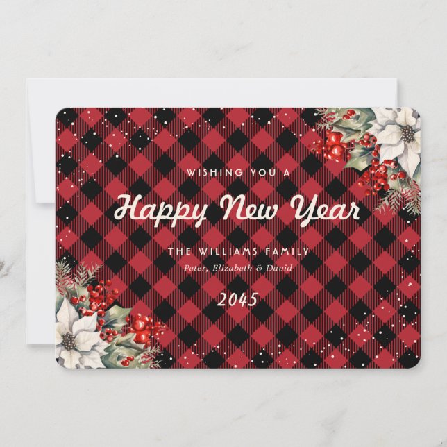 Rustic Red Plaid Snow Botanical New Year Card Julkort (Framsida)