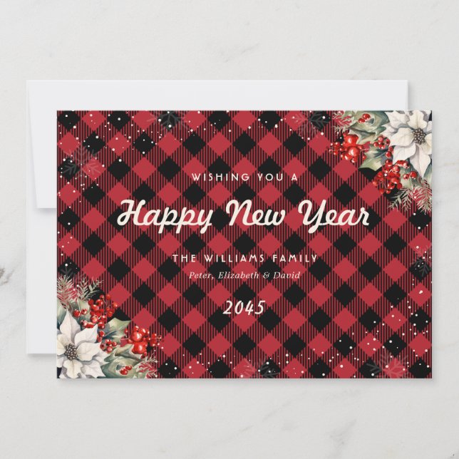 Rustic Red Plaid Snowflake Botanical New Year Card Julkort (Framsida)