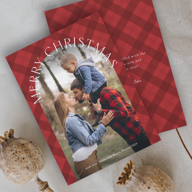 Rustic Red Play Arch Photo jul Julkort (Rustic red plaid arch photo Christmas holiday cards.)