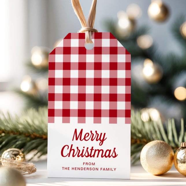 Rustic Red Play God jul Presentetikett (Rustic Red Checkered Plaid Script Christmas Gift Tags)