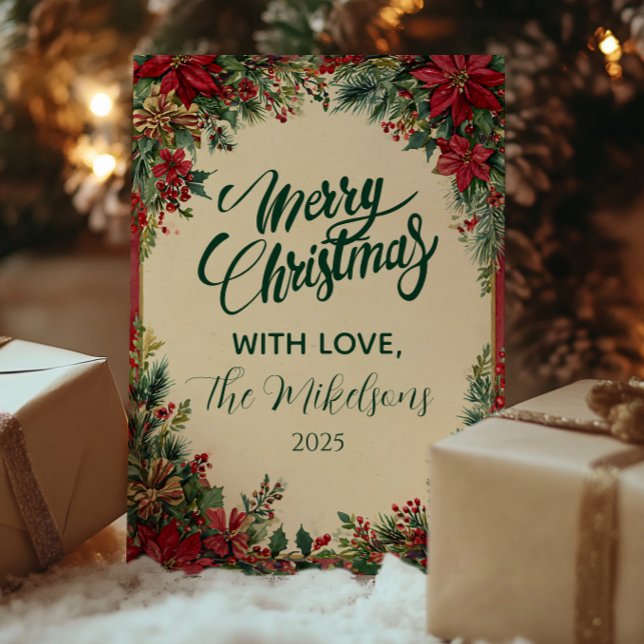 Rustic Red Poinsettia Julfest Julkort (Skapare uppladdad)