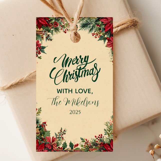 Rustic Red Poinsettia Julfest Presentetikett (Skapare uppladdad)