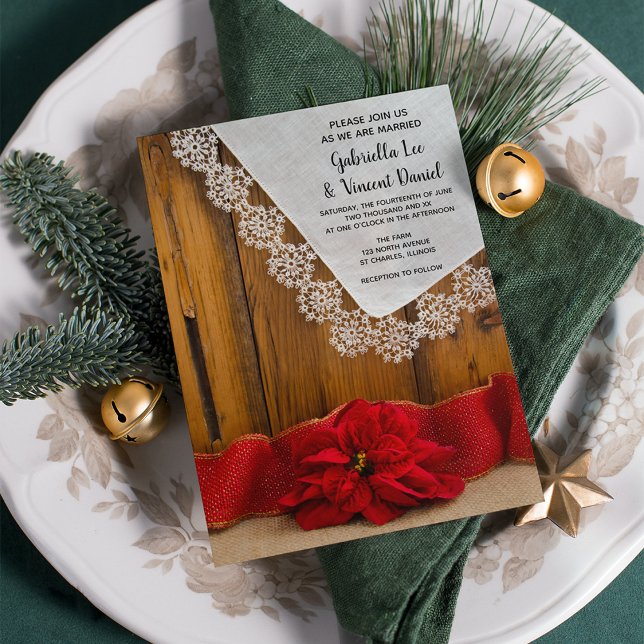 Rustic Red Poinsettia Land Winter Barn Bröllop Inbjudningar (Set a warm and festive tone for your rustic December wedding ceremony and reception.)