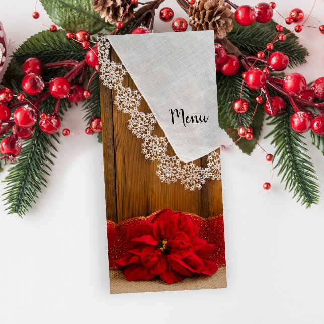 Rustic Red Poinsettia Land Winter Wedding Menu Meny (Skapare uppladdad)