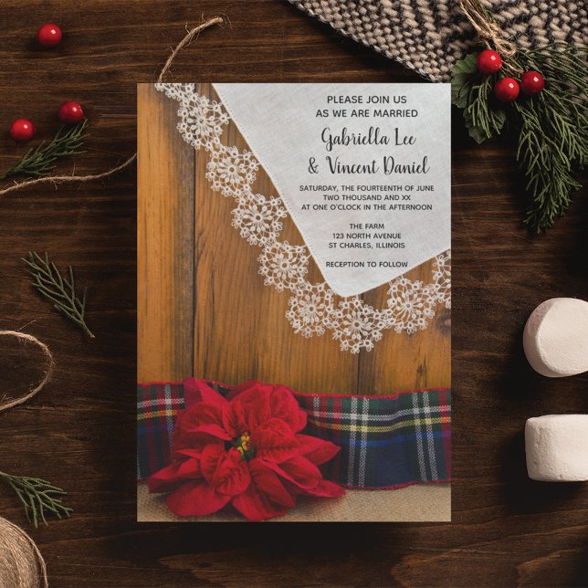 Rustic Red Poinsettia Play Winter Barn Bröllop Inbjudningar (Set a warm and festive tone for your December wintery rustic wedding ceremony and reception.)