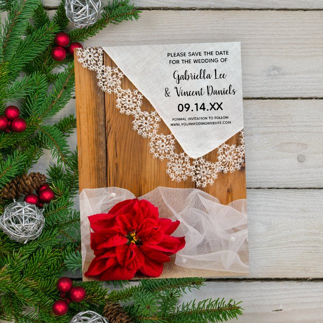 Rustic Red Poinsettia Snöre Winter Spara datumet Inbjudningar (Set the tone for your December wedding with this festive Save the Date Announcement.)