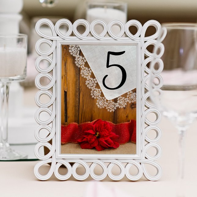 Rustic Red Poinsettia Winter Wedding Bordsnummers Bordsnummer (Set a festive wintery table for your rustic chic December celebration event or barn party.)