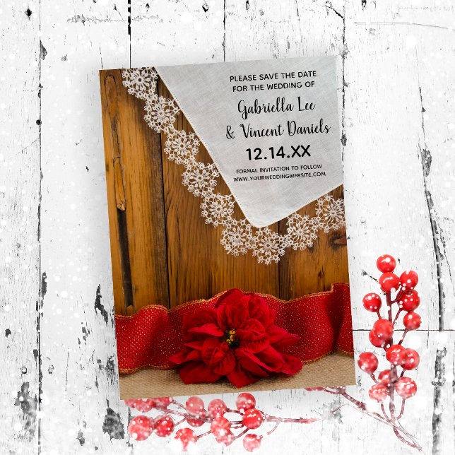 Rustic Red Poinsettia Winter Wedding Spara datumet Inbjudningar (Set the tone for your December winter wedding with this festive save the date.)