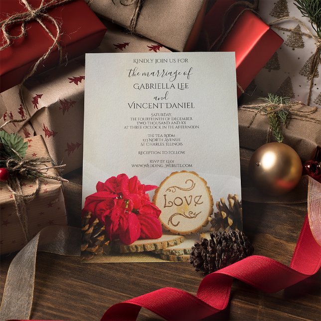 Rustic Red Poinsettia Woodland Winter Wedding Inbjudningar (Skapare uppladdad)