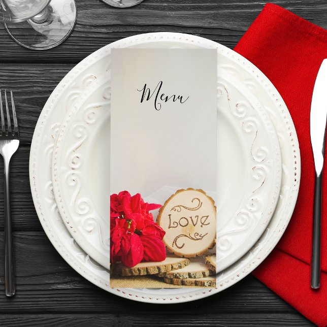 Rustic Red Poinsettia Woodland Winter Wedding Menu Meny (Set a rustic tone for your wintery woodland celebration event.)