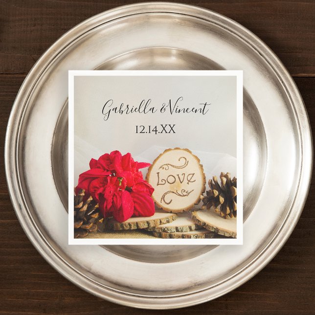 Rustic Red Poinsettia Woodland Winter Wedding Pappersservett (Set a festive table with this rustic woodsy napkin.)