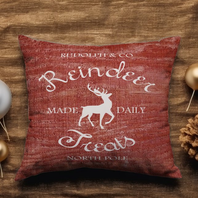 Rustic Red Reindeer Treat Add Namn jul Kudde (Skapare uppladdad)