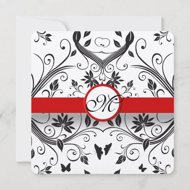Rustic Red Romantic Damask Butterfly Bröllop Inbjudningar (Baksida)