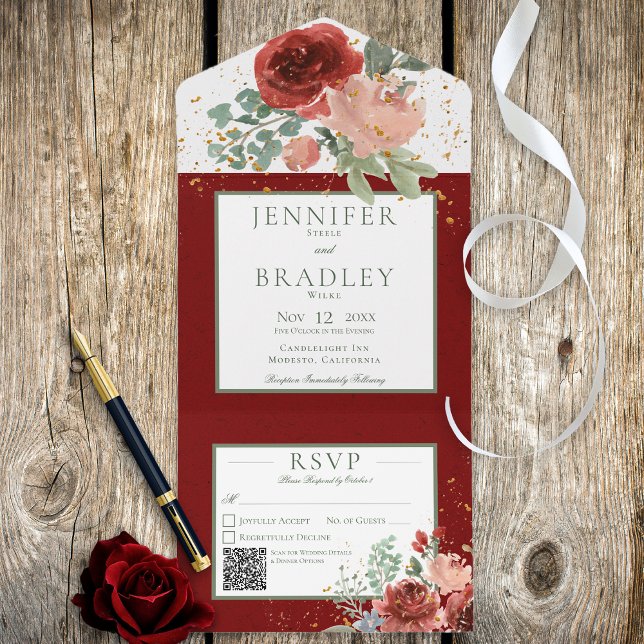 Rustic Red Rosa & Guld Blommigt QR-kod (Skapare uppladdad)